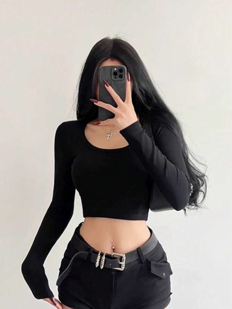 Women's Long Sleeve T-Shirt Ribbed Fabric S M L - Black - View 1