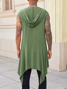 Runcati Mens Hooded Cardigan Sleeveless Ruffle Shawl Collar Open Front Knit Drape Robe - 軍綠色 - 查看 3