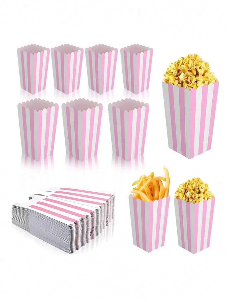 12pcs/6pcs Pink Striped Gift Boxes, Suitable For Party, Gathering, Movie Night, Birthday, Candy/Popcorn Box, Birthday Party Supplies, Paper Snack Rack Decor, Carnival Party, Gift Packaging, Birthday Wedding Party Room Table Decoration - Pink - View 1