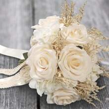 Bride And Bridesmaid Wedding Bouquet, White & Champagne Artificial Rose Wedding Decoration, Artificial Rose Wedding Bouquet, Bridal Bouquet, Bridesmaid Bouquet, Wedding Centerpiece Floral Arrangement, Party Home Decor Gift, Birthday Graduation