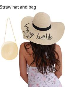2pcs/Set Women's Khaki Wave Straw Sun Hat & Crossbody Straw Tote Bag, Suitable For Daily, Beach, Travel Women Solid Boho Straw Hat For Vacation Fashionable Women's Spring/Summer Beach Hat With Wide Brim, Sun Protection, And Personalized Woven Straw Hat For Travel And Vacation Bow - Hats and Bags - View 2