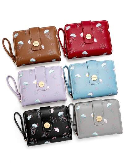 Jellyfish Print Short Wallet, Candy Color Cute Wallet, Multi-Function Folding Coin Purse, Coin Pouch, Multi-Card Holder