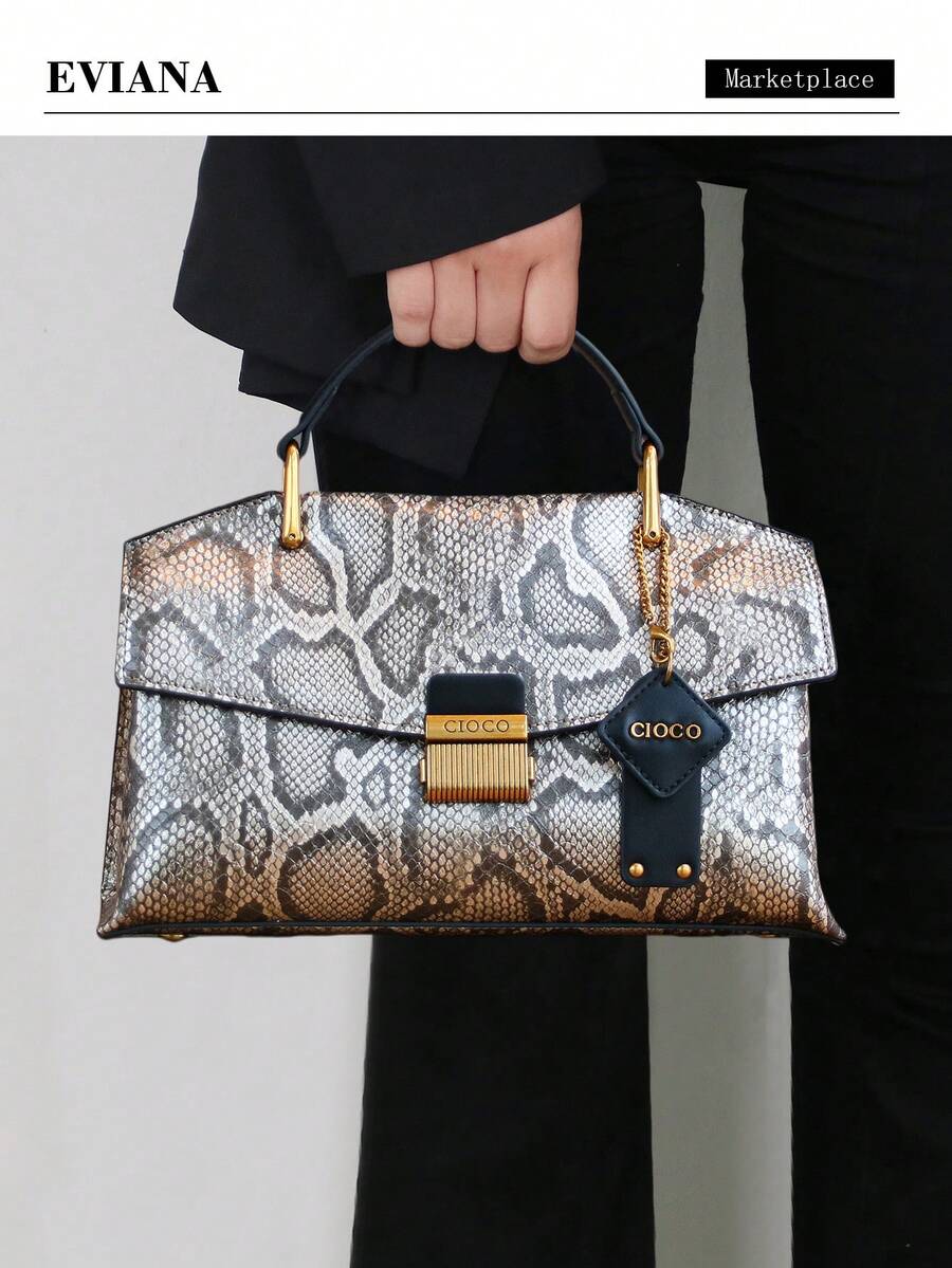 2025 New Vintage Blue Snake Skin High-End Handbag, Fashionable Luxurious Women's Tote Bag, Lightweight Large Capacity Shoulder Crossbody Bag, Crocodile & Ostrich Pattern OL Versatile Satchel - Vàng - Xem 1