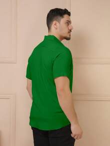 YLF MODAS Men's Short Sleeve Button Down Shirt Plain - Verde Oscuro - Ver 4