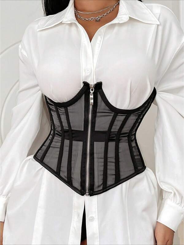 1 pezzo Bustier in rete trasparente per donna con cerniera anteriore, modellatore di corpo, controllo della pancia, vita aderente