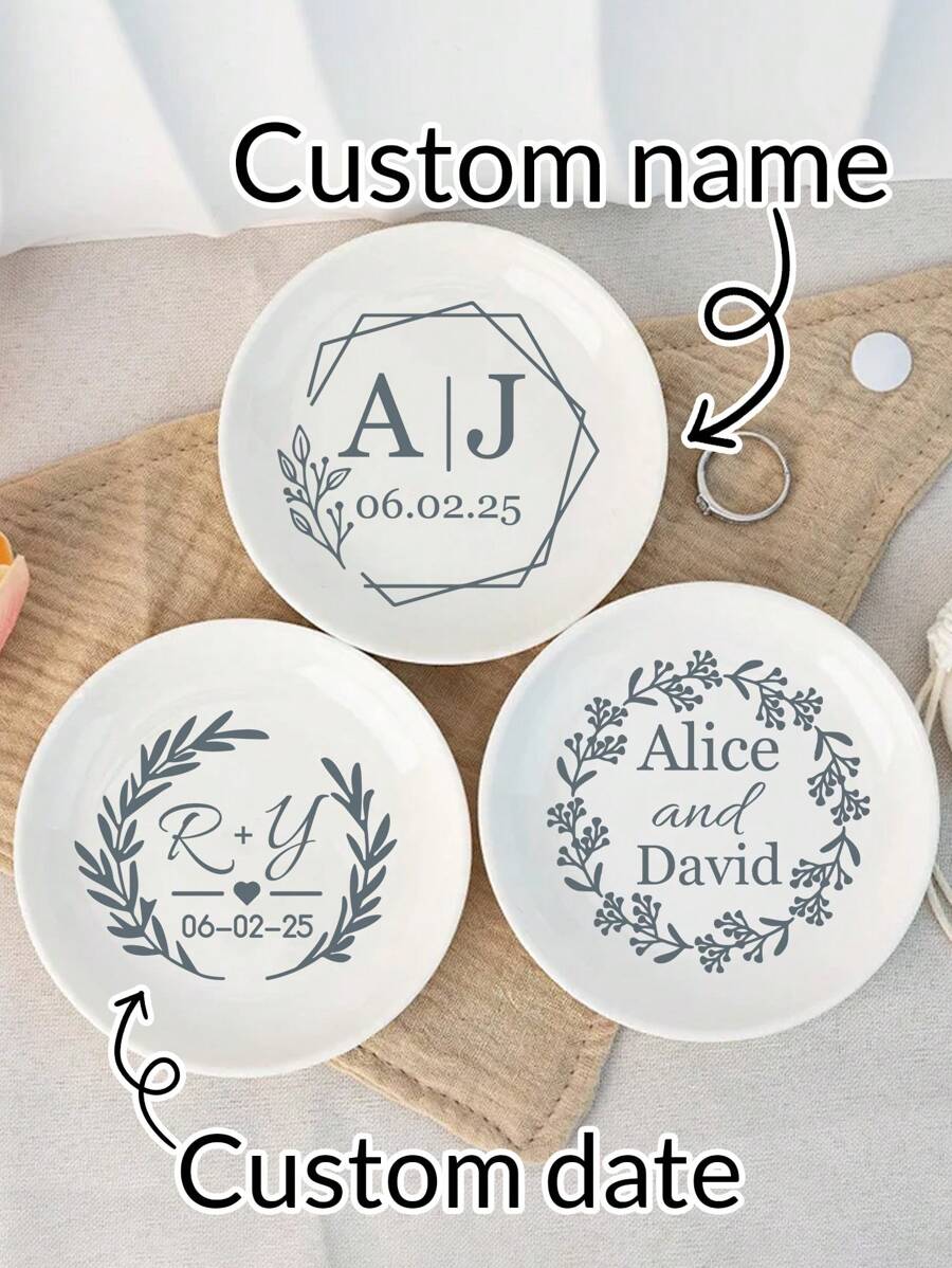 1/2/5Pcs Personalized Name Ceramic Ring Plates, Custom Jewelry Boxes, Customized Engagement Gifts, Customizable First Marriage Ring Plates, Bride And Groom Gifts, Bride Proposal Gifts, Bride Showers, Anniversary Gifts, Personalized Ring Plates