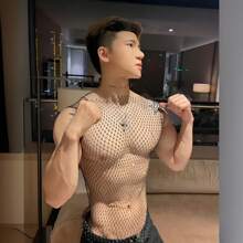 1pc Men's Sequined Sexy Sheer Mesh Hollow-Out Strap Vest Top, Clubwear, Party Outfit, For Displaying Chest Muscles, Also Suitable For Women