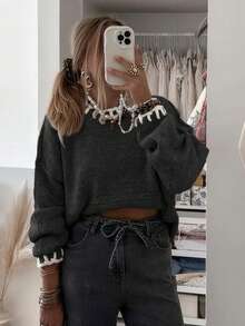 Autumn Women's French Style Casual Loose Commuter Sweater, Minimalist, Office Wear, Retro, Simple, Drop Shoulder Long Sleeve Knit Pullover, Suitable For Outerwear - Black - View 1