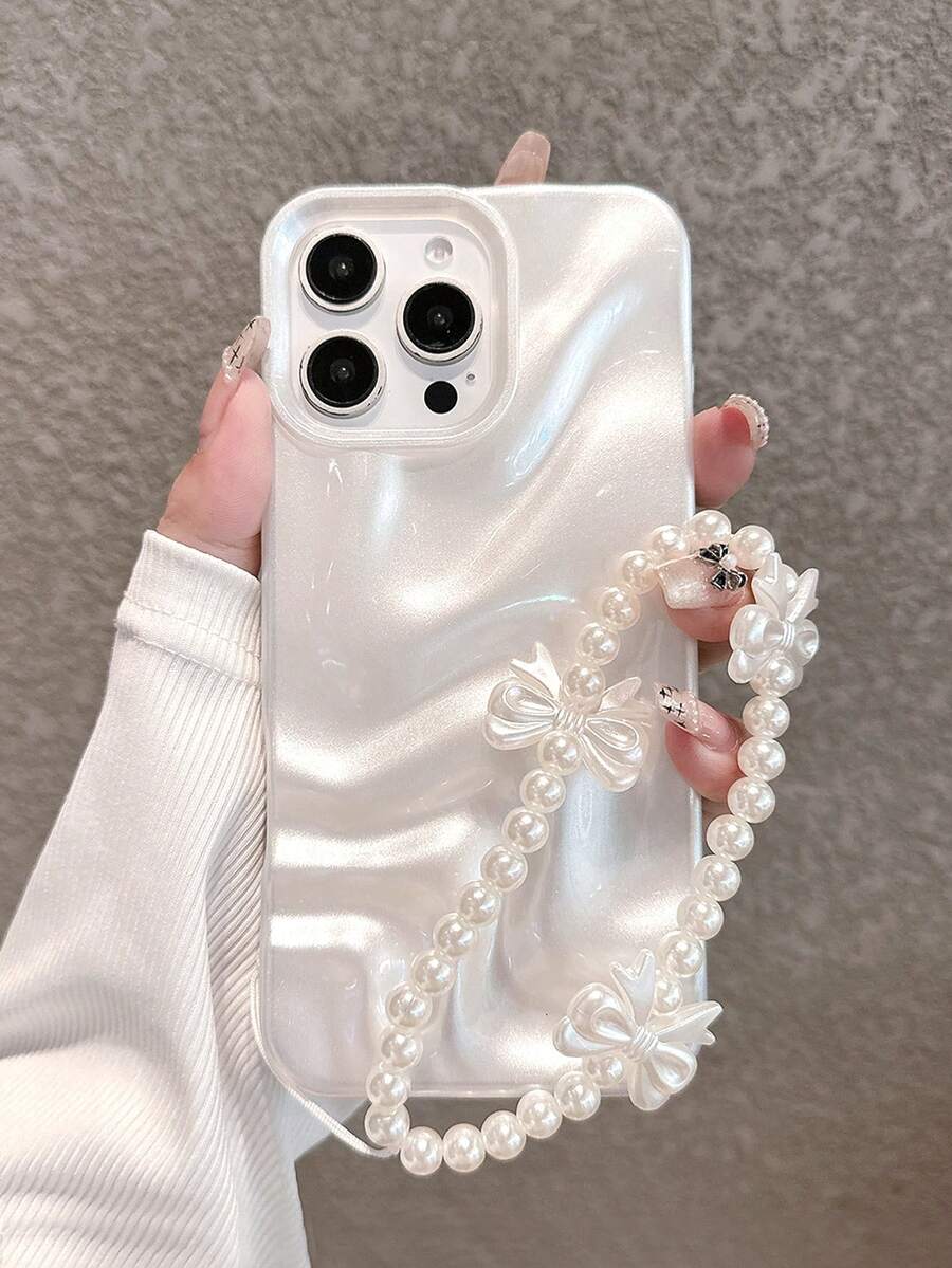 Luxury Minimalist Pearl White 3D Wave Pattern Phone Case Suitable For IPhone 16 Pro Max/16/16 Pro/16 Plus/15/15 Pro Max/15 Pro/11/12/13/14 Pro Max/11 Pro/11 Pro Max/12 Pro/12 Pro Max/13 Pro/13 Pro Max/14 Pro/14 Pro Max/12 Mini/13 Mini, Soft Shell, Creative Design - Trắng ngọc trai cao cấp + Vòng đeo tay - Xem 1