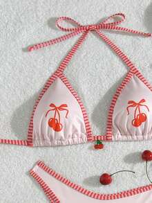 2pcs Set Ribbed Fabric Printed Spaghetti Strap Halter Tank Top And Side Tie Printed Triangle Shorts - Multicolor - View 3