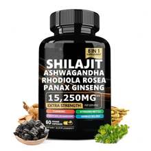 Shilajit 8 en 1 para hombres con ashwaganda, suplemento orgánico del Himalaya con rhodiola rosea, ginseng, cúrcuma y extracto de hongos. Favorece el sistema inmunitario, proporciona energía, calma, concentración, claridad, sueño y cortisol.