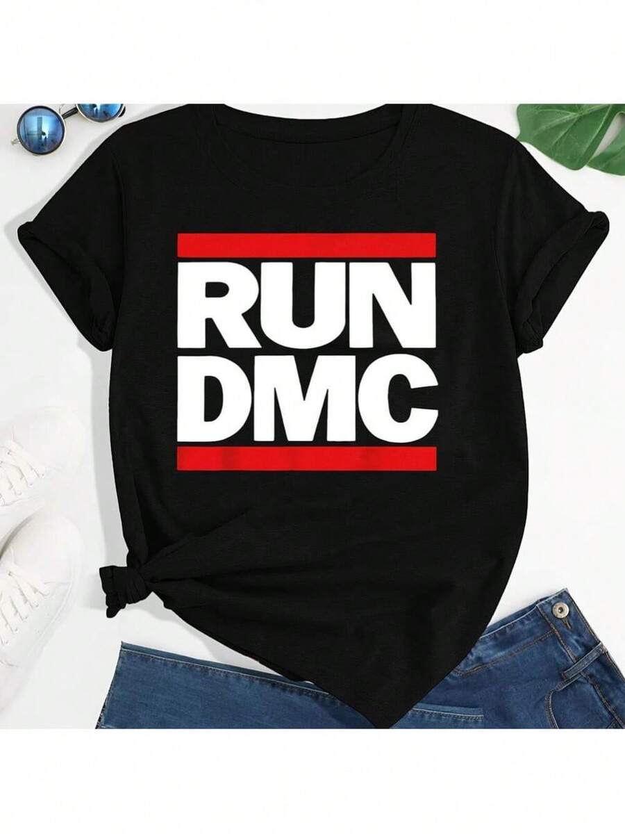 Camiseta de mujer con gráfico de grupo musical Run Dmc para cuello redondo - Negro - Ver 1