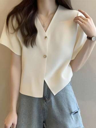 KEEDA 时尚休闲简约纽扣装饰V领短袖针织开衫，春夏