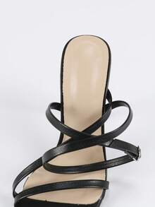 Jin Bei Qi 春夏女士露趾交叉绑带踝带高跟凉鞋,仿皮材质,时尚优雅,适合派对,性感黑色高跟鞋 - 黑色 - 查看 10