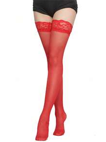 1 Pair, Sexy Woman Red Stockings, Lace Lace Thigh High Stockings, Black Knee High Stockings, Women's Hosiery, Knee High Stockings, Suitable For Daily, Dating, Party, Christmas, Halloween, Valentine's Day, Gifts For Women Girl's Items