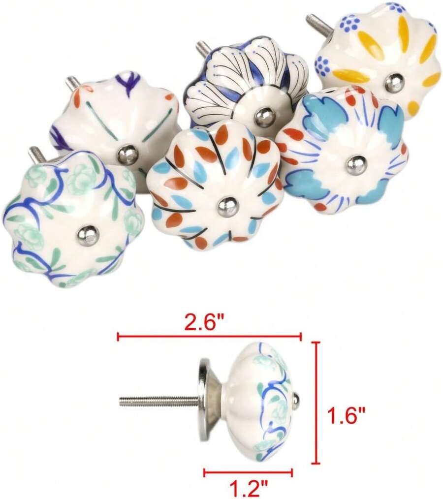 6 pezzi maniglie vintage, maniglie colorate a forma di zucca in ceramica dipinta a mano con motivi floreali, maniglie per armadi, maniglie per guardaroba, maniglie per armadi, maniglie per cassetti, colori misti