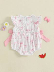 Baby Girl Summer Romper Bows Letter Embroidery Smocked Flying Sleeve Infant Jumpsuit - 白色 - 查看 2