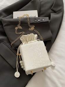 Mini bolsa de cordón con textura de patrón de cocodrilo, bolso de acrílico de moda con asa de perlas - Beis - Ver 8