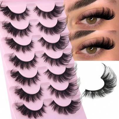 7 Pairs New Cat Eye Lashes Natural Long Clear Band Lashes Winged End Eye Elongated Eyelashes Faux Mink Eyelashes Makeup