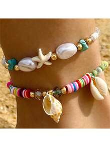 2-6pcs/Set Bohemian Style Starfish & Beaded Braided Anklet For Girls, Ocean Theme, Beach, Seashell,Summer Jewelry,Gold Jewelry Women
