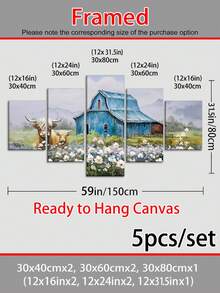 Juego de 1 pieza/5 piezas, Arte de pared en lienzo de estilo rústico y granja, Arte de pared retro contemporáneo clásico con marco, Impresión de paisaje de vaca y granero, Póster de flores silvestres de primavera y invierno, Decoración de pared estética para sala de estar, dormitorio, oficina - Impresión artística enmarcada - color - Ver 11
