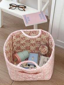 Cesta de lavandería de tela con estampado de flores pequeñas, grande, cuadrada, de asa blanda, con estilo rústico y elegante, para almacenar ropa sucia, artículo del hogar esencial para mujeres, adecuado para todo el año, organizador de armario y almacenamiento para dormitorio.