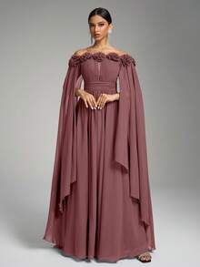 SUPGIR Off Shoulder Flare Sleeve Floral Decor Ruched Waist Maxi Chiffon Dress, Elegant - Bụi hồng - Xem 3