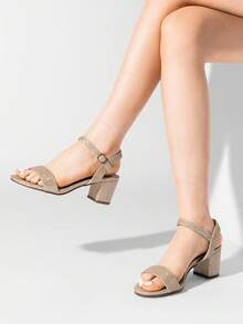 Women's Low Block Heel Sandals With Buckle - Gold - View 5