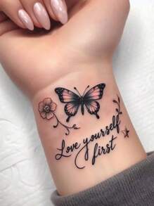 1 pieza Pegatina de tatuaje temporal de hierbas con temática de mariposas y flores en estilo romántico y colorido, impermeable y a prueba de sudor, estilo minimalista Y2K adecuado para mujeres en manos, dedos, palma y brazos
