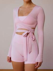 Ballet Wrap Tops For Women Pilates Workout Yoga Dance Long Sleeve Cross Wrap Top Y2k V Neck Slim Fitted Self Tie T-Shirts Tops - Hồng - Xem 2
