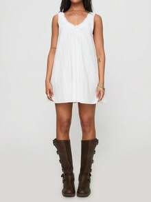 Women's Sexy Sleeveless Tie Front Lace Trim Boho Beach Dress Casual V Neck A Line Party Mini Dress - White - View 6