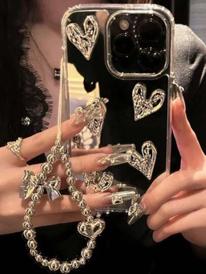 حافظة هاتف على شكل مرآة قلب فضية مع قلادة، غطاء هاتف مطلي كريستالي مقاوم للصدمات متوافق مع أجهزة 17/17 Air/17 Pro/17 Pro Max، 14 Pro Max/13/15/12/12 Pro/11، واقي هاتف شفاف عالي الجودة مزين بقلب وفيونكة، بطراز INS