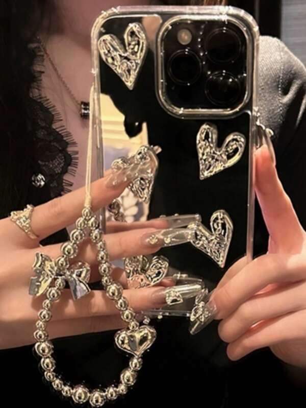 Y2K Silver Heart-Shaped Mirror Phone Case With Phone Pendant, Creative Electroplated Drop-Resistant Compatible With 14 Pro Max/13/15/12/12 Pro/11, High-End Transparent Phone Protector With Heart Bowknot Pendant Rope Decoration, INS Style