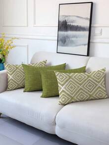 4pcs Decorative Pillow Covers, Geometric Pattern, 100% Hypoallergenic Polyester Fiber Cushion Covers, Vintage Linen Material, Hidden Zipper, Machine Washable, Minimalist Modern Line Design, Zipper Closure, Home Decor Throw Pillow Covers For Sofa, Living Room, Bedroom, No Pillow Insert - Green - View 2