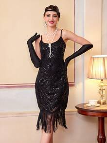 Đầm nữ thanh lịch kiểu cổ điển thập niên 1920, thích hợp cho mùa hè, dự tiệc, tiệc cocktail, đám cưới, kỳ nghỉ, mùa xuân, màu đen. - màu đen - Xem 7