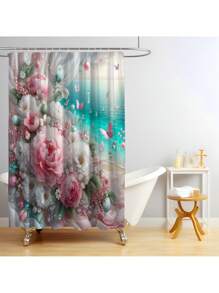 1 peça/4 peças Conjunto de Cortina de Chuveiro com Cenário de Praia Refrescante e Floral, Cria uma Atmosfera Romântica para o Banheiro, Cortina Impressa com 12 Ganchos, Tapete de Banheiro, Tapete em Forma de U para Vaso Sanitário, Tampa de Assento do Vaso Sanitário, Divisória de Banheiro, Acessórios de Banheiro, Decoração de Banheiro
