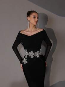 Modphy New Handmade Beaded & Rhinestone Embellished 3D Flower Sexy Off Shoulder Long Sleeve Bodycon Dress, Elegant For Wedding Guest, Holiday Party, Formal Evening Gown