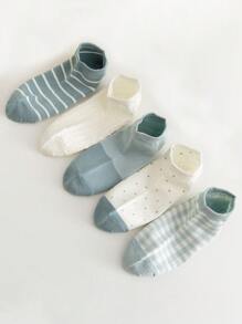 5 Pairs Women's Solid Color Ankle Socks, Summer Boat Socks, Plaid Design