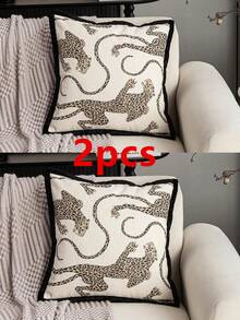 1 件/2 件豹纹抱枕套，雪尼尔提花面料，滚边，现代北欧动物图案，适合客厅、卧室、沙发、花园派对，四季皆宜，无枕芯，12 英寸 X 20 英寸，18 英寸 X 18 英寸 - 黑與白 - 查看 9