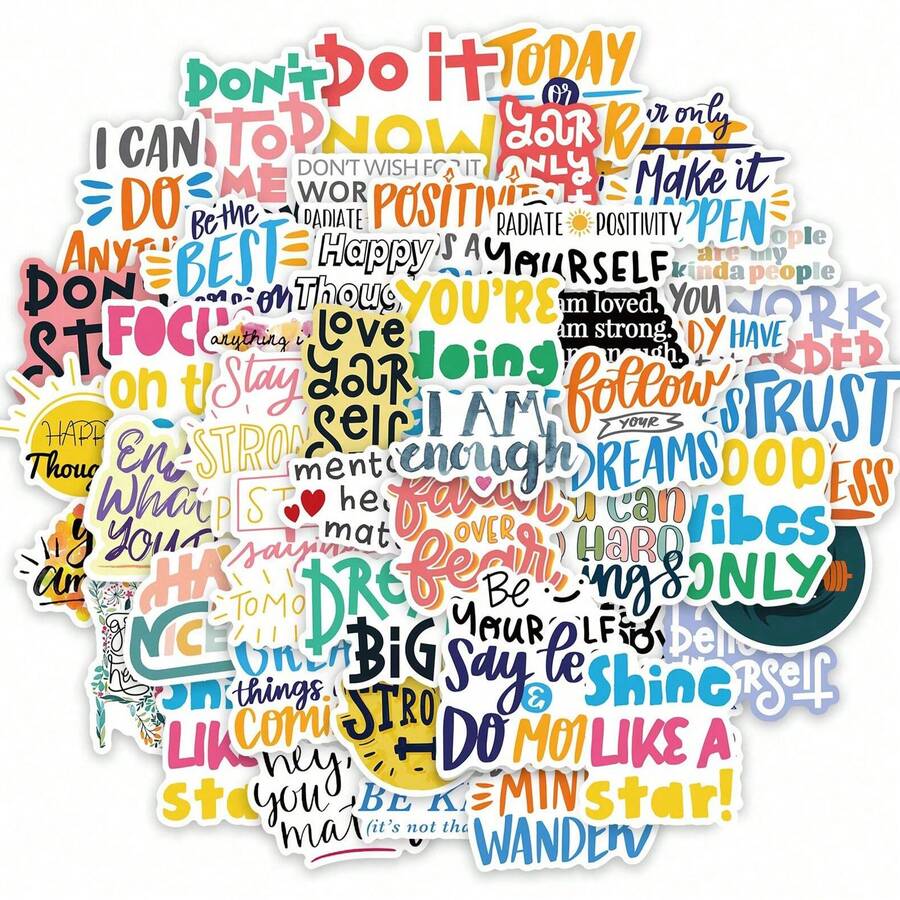 50张励志贴纸，愿景板装饰材料，英文手工拼贴素材，可爱青少年标签贴纸，带小图案，适合春季、复活节、返校季礼物，愿景板装饰，剪贴簿用品，趣味贴纸，笔记本电脑贴纸，Kindle手机贴纸