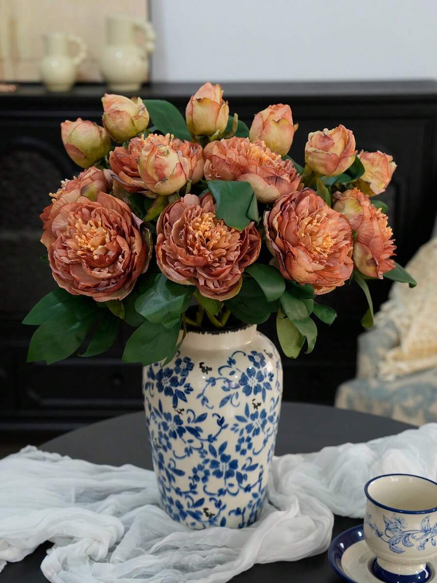 1 pièce Bouquet de fleurs artificielles de style vintage, pivoines, roses. Décoration de maison, fleurs factices - multicolore - Voir 1