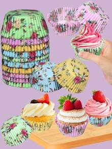 100 pezzi Pirottini per cupcake in carta con motivi floreali, resistenti al calore e impermeabili all'olio, adatti per matrimoni, feste di compleanno e altri eventi