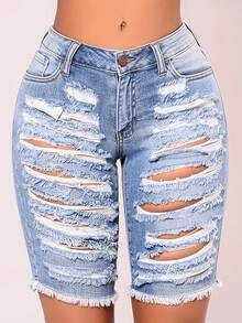 Pantalones cortos vaqueros elásticos de cintura alta para mujeres - pantalones cortos vaqueros ajustados con agujeros rotos en el bolsillo, pantalones cortos de verano para mujeres cómodos y ajustados - Azul lavado medio - Ver 2