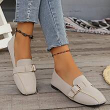 New Spring/Summer Women's Casual Square Toe Flat Loafers, Belt Buckle Decor, Slip On Comfortable Plus Size Shoes