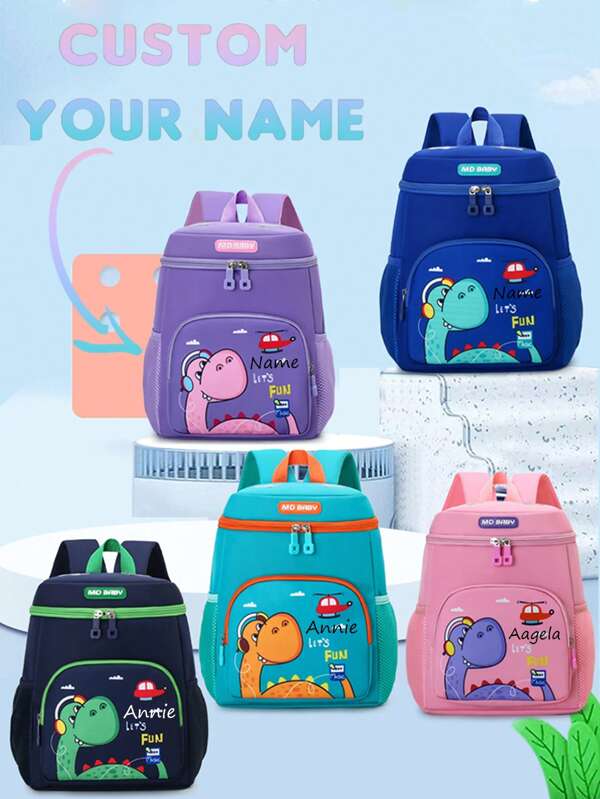 1 Piece Custom Cartoon Dinosaur Backpack For Kindergarten Boys And Girls; Leisure Lightweight Travel Bag; Cute Double Shoulder Bag With Custom Name Or Holiday Text; Mini Nylon Zipper Fashion Pattern Bag; Suitable For Boys And Girls; Multi-Functional Leisure Bag For Daily Use; Perfect Gift.