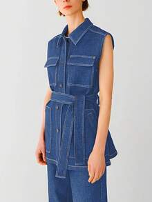 Women's Medium Washed Blue Denim Sleeveless Jacket With Belt, Casual Utility Style - Medium Wash - View 2