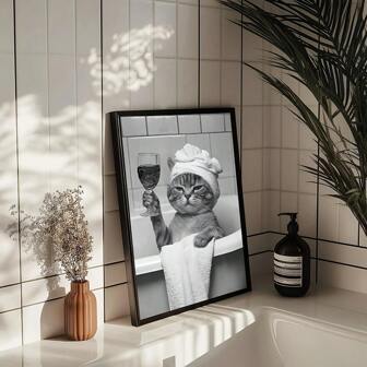 1PC, Cute Bathroom Kitten Wall Arts, Cat Drinking Red Wine In The Bathtub, Black And White Simple Style Funny Animal Posters, Bathroom Decor, Kitten Wearing A Shower Cap, Black And White Animal Pattern Suitable For Bathroom Decor, Toilet Decoration - Optional Frame, Wall Art With Frame