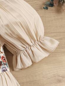 春夏优雅女孩玫瑰花朵印花泡泡袖方领休闲连衣裙 - 杏色 - 查看 5