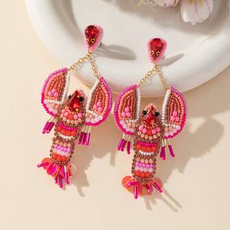 1 Pair Handmade Woven Rice Faux Pearl & Rhinestone Lobster Shaped Earrings