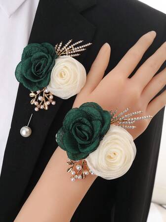 1 Boutonniere + 1 Wrist Flower, Champagne & Blue Dual Flower, Elegant Floral Decor For Wedding, Groom, Bride, Bridesmaid, Party, Ceremony, Daily Wear Bracelet Valentine's Day Accessories